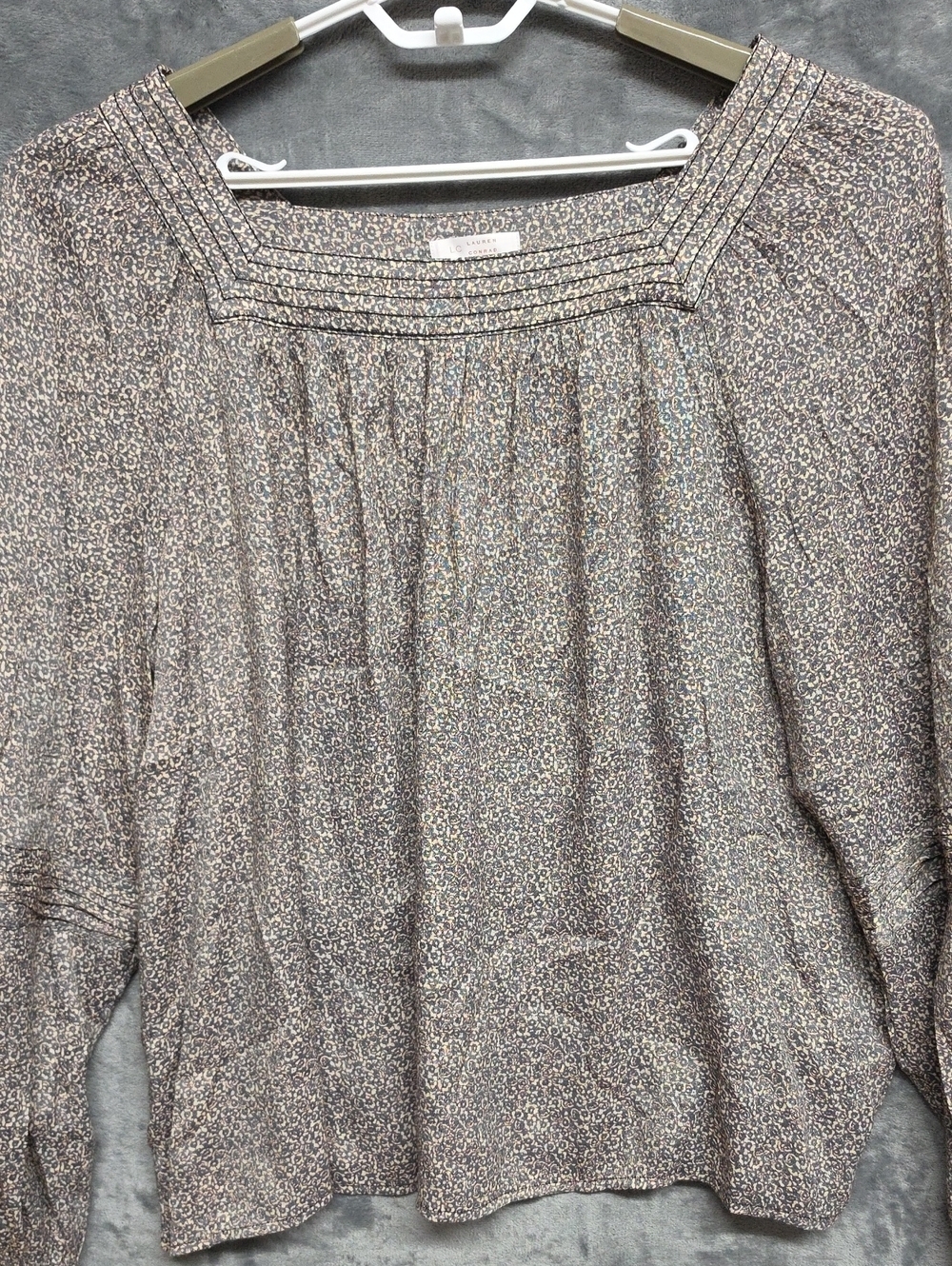 LC Lauren Conrad Taupe Micro Floral Square-Neck Blouse